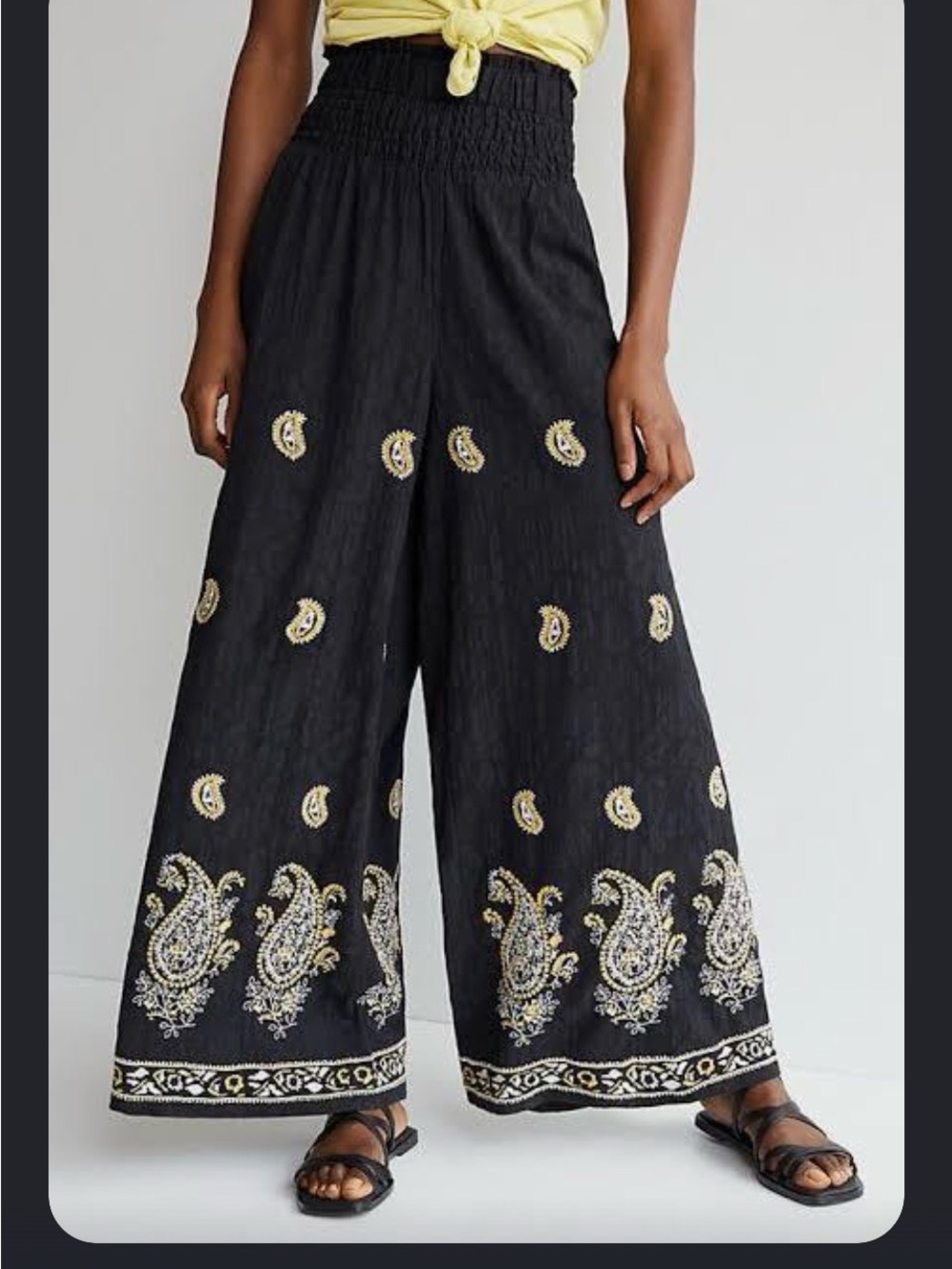 Anthropologie Embroidered Wide Leg Smocked Waist Pants